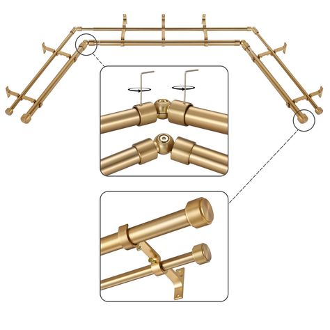 PRICES MAY VARY. Double Curtain Rod for Bay Windows 2 Sided - Mayrhyme bay window curtain rods features a unique design that allows you to easily install curtains on both layers of your bay window, offering enhanced privacy, light control, and aesthetic appeal.1-Inches front rod in is perfect for hanging room darkening or blackout curtain panels and 5/8 Inches back rod is ideal for hanging sheer panels. Rust Protection and Easy Installation - Mayrhyme warm gold double curtain rods for bay window Curtain Rods For Bay Windows, Bay Window Curtain Rods, Corner Window Curtains, Curved Curtain Rods, Bay Window Rod, Corner Curtains, Bay Window Curtain Rod, Bay Window Curtain, Window Dimensions