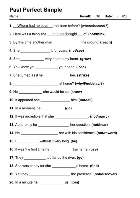 Past Perfect Exercises PDF Worksheet with Answers - Test 2 Past Perfect Worksheets, Tense Worksheet, Past Tense Worksheet, English Grammar Pdf, Main Verbs, Reported Speech, Perfect Tense, Teaching English Grammar, Complex Sentences