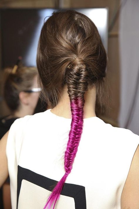 Colored fishtail. could u do it with calk?? Fishtail Ponytail, Basketball Hairstyles, Fishtail Braid Hairstyles, Fishtail Braids, Boring Hair, Fishtail Braid, Hot Hair Styles, Long Brown Hair, Fish Tail Braid