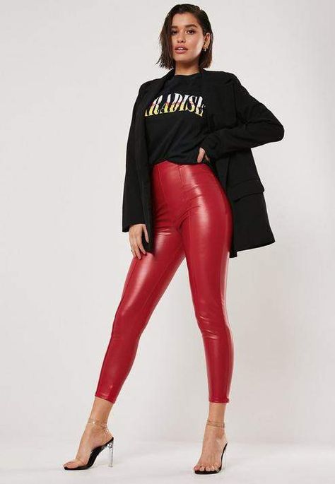 Red Leather Leggings, Faux Leather Pants Outfit, Sweet 16 Outfits, Red Leather Pants, Leather Tights, Vinyl Mini Skirt, Leather Leggings Outfit, Ladies Pants, Leather Pants Outfit