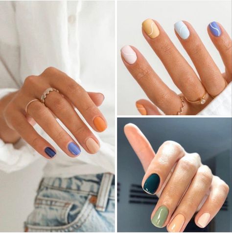 Gel Nails Multicolor, Alternating Nail Color, Multicolored Nails Summer, Mixed Color Nails, Multi Coloured Nails, Nail Color Combinations, Multicolored Nails, Minimal Nails Art, Hello Nails