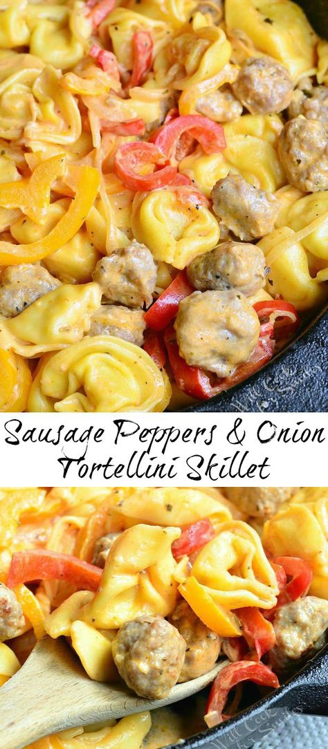 Sausage Peppers and Onion Tortellini Skillet - Will Cook For Smiles Sausage Peppers And Onions Tortellini, Sausage And Pepper Tortellini, Kielbasa And Tortellini, Sweet Italian Sausage Tortellini Recipe, Bratwurst Tortellini, 30 Minute Skillet Meals, Tortellini And Kielbasa Recipes, Kielbasa And Tortellini Recipes, Sausage And Tortellini