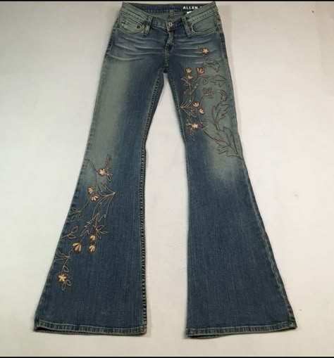 Bell Bottoms Aesthetic, Vintage Flare Jeans Outfit, Fairy Core Jeans, Embroidered Flare Jeans, Y2k Cotton Flare Jeans With Pockets, Whimsigothic Jeans, Jeans With Designs, Fairycore Pants, Y2k Dark Wash Flare Jeans