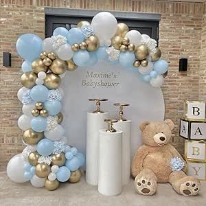 White Balloon Arch, Blue Balloon Garland, Decoration Buffet, Deco Ballon, Wedding Anniversary Decorations, Baby Shower Theme Decorations, Blue Balloon, Boy Baby Shower Themes, Teddy Bear Baby Shower