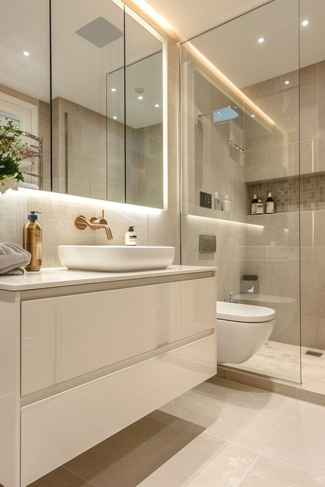 Luxurious White Bathroom, Modern Sleek Bathroom, Wall Mounted Toilet Ideas, Cozy Shower Ideas, Bathroom Ideas White And Gold, Toilet Minimalist Design, Spacious Bathroom Ideas, Minimalistic Bathroom Design, White Gold Bathroom Decor