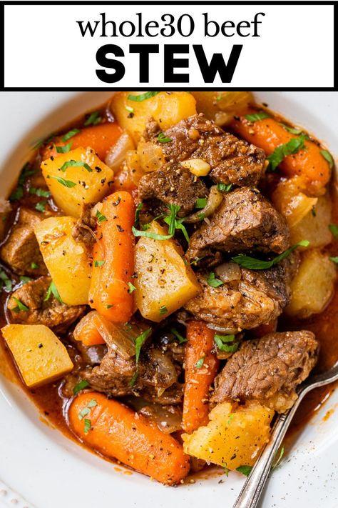 Paleo Beef Stew is chock full of tender beef, savory veggies, and hearty potatoes. Simmered low and slow in a rich, beefy broth, this perfectly warm and comforting one-pot meal is both gluten-free and Whole30 compliant. #paleobeefstew #paleostew #whole30stew Beef Stew Healthy Slow Cooker, Whole 30 Crockpot Beef Stew, Paleo Stew Beef Recipes, Whole 30 Beef Soup, Beef Stew Clean Eating, Paleo Meals For One, Paleo Beef Stew Instant Pot, Health Beef Stew, Healthy Beef Stew Crockpot Clean Eating