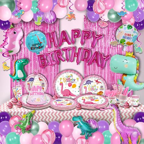 PRICES MAY VARY. [PINK DINOSAUR PARTY DECORATION KIT]: Package including 50pcs assorted color balloons, 1 set of "HAPPY BIRTHDAY" pink color aluminum foil balloon, 6 pcs lovely dinosaur-shaped Aluminum foil balloon, 2 pcs 18” dinosaur-printed balloon, 2pcs pink foil confetti curtain, 2 pcs dinosaur stickers, 1 pc tablecloth(137*274cm, 12 sets of tableware (7” paper plates, 9” paper plates, paper cups, forks, knives, spoons, straws) , other installation tools ( glue dot, balloon chain, balloon pu Unicorn Dinosaur Party, Three Rex Birthday Party Girl, Pink Dinosaur Party, Dino Decorations, Girl Dinosaur Party, Dinosaur Party Decorations, Girl Dinosaur Birthday, Dino Birthday Party, Balloon Chain