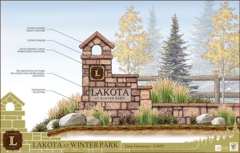 Entry Signage & Wayfinding by Shea Ferrell at Coroflot.com Neighborhood Signage, Ranch Entrance Ideas, Subdivision Entrance, Neighborhood Signs, School Signage, Entrance Signage, Signage Wayfinding, Architectural Signage, Monument Signs