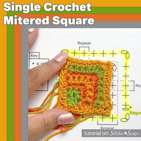 Create L-shaped stripes with this single crochet mitered square tutorial! Learn the repeating pattern to make squares of any size, then finish your square with an edging round and optional slip stitch border detail. #Tutorial #Crochet #MiteredSquare #MiteredCrochet #CornerToCorner Crochet Mitered Square, Knitting Abbreviations, Mitered Square, Knitting And Crochet Patterns, Crochet Abbreviations, Tutorial Crochet, Pattern Store, Knitting And Crochet, Crochet Squares