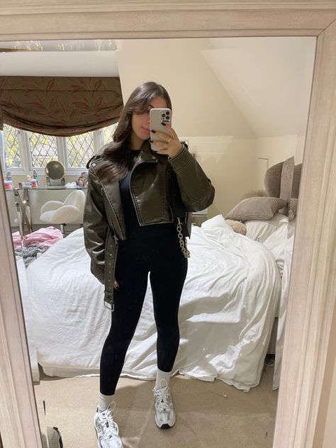 How To Style Crop Leather Jacket, Khaki Biker Jacket Outfit, Leather Zara Jacket Outfit, Leather Jacket Leggings Outfit, Leggings Leather Jacket Outfit, Leather Green Jacket Outfit, Black Zara Leather Jacket Outfit, Leather Jacket And Leggings Outfit, Leather Crop Jacket Outfits