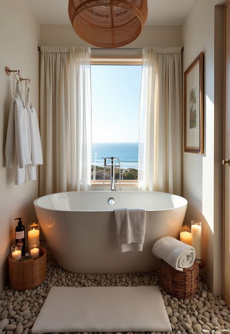 coastal home decor ideas Tropical Spa Bathroom, Beach Spa Bathroom, Soaking Tub Ideas, Ocean View Bathroom, Ocean Bathroom Ideas, Spa Bsthroom, Free Standing Bath Tub On Rocks, Coastal Bathroom Ideas, Ocean Bathroom