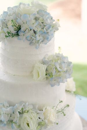 Wedding Cake Light Blue Flowers, Wedding Cakes With Hydrangeas, Blue Hydrangea Wedding Cake, Wedding Cake Real Flowers, Wedding Cake Blue And White, Wedding Cake With Blue Flowers, Percabeth Wedding, Cake With Blue Flowers, White And Blue Wedding Cake