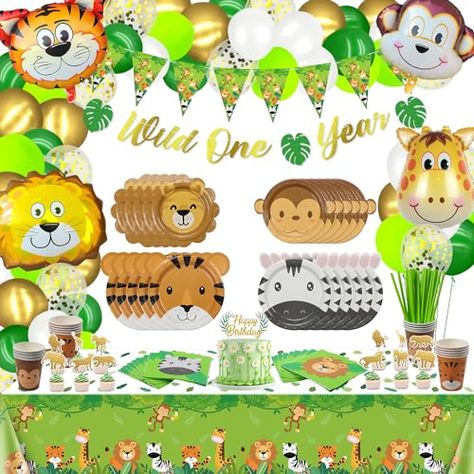 Wild One Party Decorations, Jungle Safari Party Decorations, Jungle Birthday Party Decorations, Wild One Banner, Jungle Safari Birthday Party, Safari Balloon, Balloon Arch Decorations, Wild One Party, Animal Plates