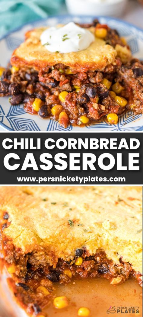 This chili cornbread casserole with Jiffy mix tastes like your mom’s chili but is topped with a layer of sweet and crispy cornbread. It’s the definition of Southern comfort food but super easy! Jiffy Cornbread Breakfast Casserole, Chili Cornbread Pie, Chilli Leftovers Ideas, Recipes Using Jiffy Cornbread Boxes, Cornbread Casserole Jiffy Ground Beef, Recipes With Jiffy Cornbread, Jiffy Cornbread Recipes Casseroles, Chilli Cornbread Casserole, Chili Casserole Recipes