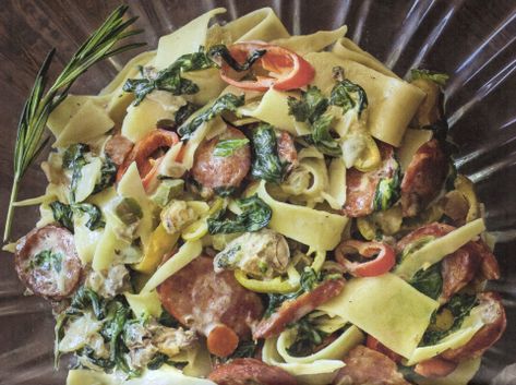 Oyster Pasta Oyster Pasta, Louisiana Kitchen, Sausage Spinach, Pappardelle Pasta, Oyster Recipes, Louisiana Recipes, Andouille Sausage, Andouille, Gnocchi