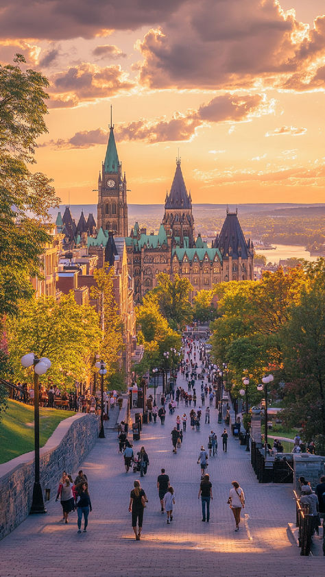 A bustling street in Canada at sunset, leading to a grand, historic building with a green copper roof, surrounded by trees and filled with people enjoying the evening. Canada Vancouver City, Canada Countryside, Vancouver Canada Photography, Peaceful Countryside, Living In Canada, Vancouver City, Beautiful Places To Live, Calgary Canada, Places To Live