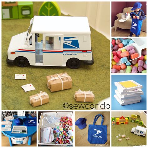 Sew Can Do: DIY Post Office Play Fun for Preschoolers! Post Office Activities, Post Office Play, Pretend Play Printables, Mail Truck, Dramatic Play Preschool, Preschool Activities Toddler, Fun Mail, Sensory Boxes, Diy Posts