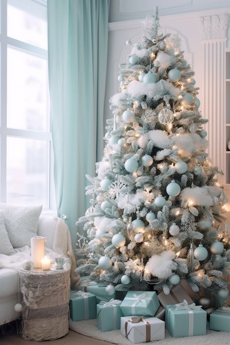 Aqua And Silver Christmas Tree, Winter Wonderland Christmas Tree Ideas, Tiffany Christmas Decorations, Frosty Christmas Tree, Turquoise Christmas Tree Ideas, Teal Christmas Tree Decorations, Ice Blue Christmas Tree, Tiffany Blue Christmas Tree, Tiffany Blue Christmas