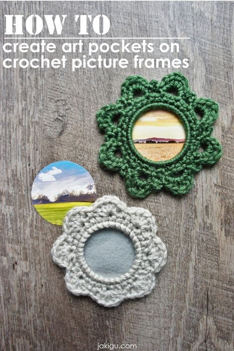 attaching pictures to crochet frames | how to by jakigu.com Frame Crochet, Crochet Frame, Crochet Pictures, Crochet Wall Hanging, Crochet Wall Art, Picture Frame Ornaments, Crochet Wall Hangings, Crochet Hexagon, Rainbow Crochet