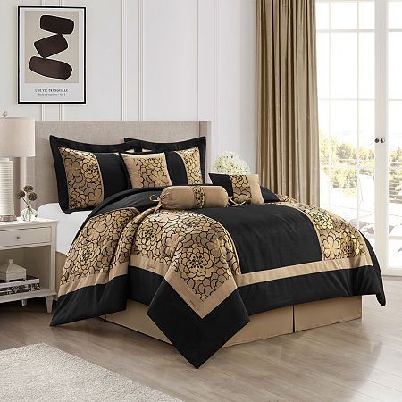 The classy, elegant, neutral-colored 7 piece comforter set will enhance your bedroom beautifully and charmingly. The alluring set features a tan floral pattern with auburn brown and chocolate brown trim. This plush bedding set comes with a fashionable comforter, two shams, a bed skirt and three decorative pillows.# Pieces In Set: 7Included: 1 Bed Skirt(s) With 15 Inch Drop, 3 Throw Pillow(s), 2 Standard Sham(s), 1 Comforter(s)Features: Tufted, BorderedBed Skirt Drop: 15 InBedding Thread Count: 3 Gold Comforter Set, Gold Comforter, Plush Bedding, Jacquard Bedding, Complete Bedding Set, Floral Comforter Sets, Auburn Brown, Floral Comforter, Elegant Bedding