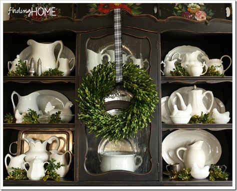 Inspirational holiday hutches decorated for the holidays.... - Jennifer Rizzo Houndstooth Tablescape, Christmas Boxwood, Dining Hutch, Pottery Christmas, Hutch Decor, Christmas Dining Room, Dining Room Hutch, Painted Cottage, White Pottery