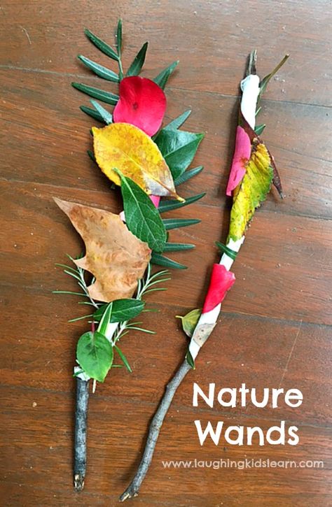 What a great wand making task. Spring and summer wands would be just as much a sensory explosion as these autumnal examples. Naturally lovely.   Web page states:- Simple and fun activity for kids is making nature wands for outdoor play. Perfect for any time of the year and great way to get children closer to nature. Nature Wands, Forest School Activities, Tree Study, Nature School, Theme Nature, Outdoor Activities For Kids, Nature Play, Nature Kids, Education Ideas