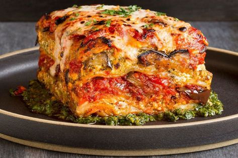 Vegan Grilled Garden Vegetable Lasagna With Puttanesca Sauce – The Forward Pesto Ricotta, Roasted Vegetable Lasagna, Crispy Oven Fried Chicken, Puttanesca Sauce, Vegan Lasagna, Green Pesto, Vegan Grilling, Ricotta Recipes, Vegetable Lasagna