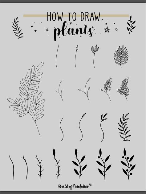 Doodle Greenery, Flower Doodles Easy Step By Step, How To Draw Plants, Botanical Doodles, Trin For Trin Tegning, Doodles Easy, Botanical Line Drawing, Flower Drawing Tutorials, Handpoke Tattoo