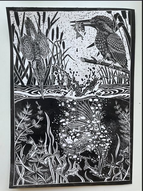 Kingfisher, Pond Scene is an original hand made, single colour linocut print depicting the sequence of a kingfisher catching a fish.  This print is relieved on white printing paper, linocut is an artisanal hand printed process with beauty lying in the small variations and defects. Each print is unique to its own imperfections and all vary slightly, your chosen image may not be the exact image as pictured. This print is signed by the artist on the reverse, this is an open edition print.  Sold without frame. The packaging is as eco friendly as possible, please recycle what you can.  Size A4 Height 297mm X Width 210mm If you are interested in seeing more of my work and creative process please visit me on my Instagram or my website. And feel free to get in touch, I always love to hear from you Japanese Linocut, Linocut Prints Art, Linocut Tutorial, Lino Print Artists, Linocut Artists, Woodcut Print, Linocut Printmaking, Lino Art, Relief Printing