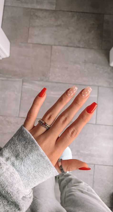 Red Christmas Nails With Pearls, Pearl Nails Christmas, Christmas Nails Pearls, Christmas Nails With Pearls, Christmas Pearl Nails, Red French Tips With Pearls, Red French Tip With Pearls, Red French Tip Nails With Pearls, Red And White Square Nails