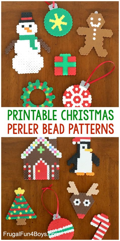 Printable Christmas Perler Bead Patterns - Print patterns to make 11 different Christmas Perler bead projects! Snowman, gingerbread house, wreath, Christmas tree, penguin, and more! #christmas #kidscrafts #kidsactivities Christmas Ornament Perler Bead Patterns, Melted Bead Patterns, Perler Bead Snowflakes Pattern, Peeler Bead Christmas Ornaments, Pearler Bead Christmas Ornaments, Peeler Bead Ideas Christmas, Perler Christmas Patterns, Hama Beads Christmas Ornaments, Holiday Perler Bead Patterns