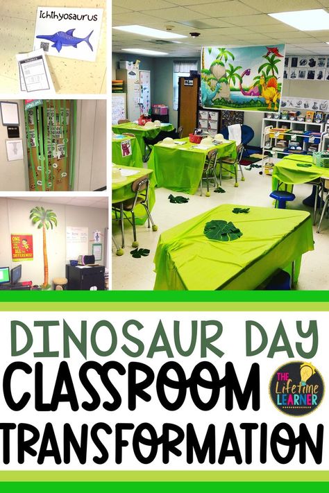 Dinosaur Escape Room, Dinosaur Room Transformation, Dinosaur Classroom Transformation, Dinosaur School Activities, Dinosaur Classroom Theme Decor, Dinosaur Classroom Theme, Dinovember Ideas, Dino Activities, Dinosaur Reading