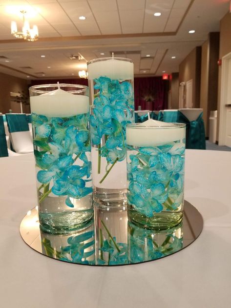 third centerpiece Tiffany Blue Centerpieces, Winter Wonderland Wedding Decorations, Tiffany Blue Party, Tiffany Blue Wedding Theme, Teal Wedding Colors, Blue Centerpieces, Tiffany Blue Wedding, Bottle Centerpieces, Sensory Crafts