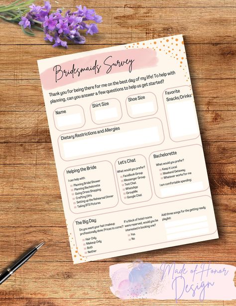 Need an easy way to collect all the information from your bridesmaids? This Bridesmaids Survey will help you keep your girls straight! This is a PDF Print that you can print yourself or send straight to your wedding party. Bridesmaid Google Survey, Bridesmaid Duties Card, Bridesmaid Survey, Bridesmaid Questionnaire, Bridesmaid Proposal Party, Hunters Wedding, Ways To Ask Bridesmaids, Hacienda Wedding, Bridesmaids Proposal