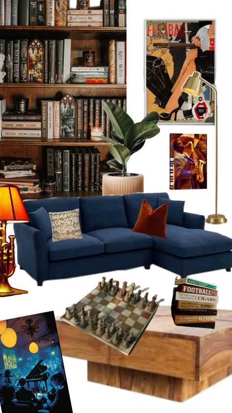 blue sofa, jazz, posters, art, lamp, warm, cozy, tv, record, books, coffee table Blue Couch Decor Ideas, Dark Blue Sectional Living Room, Blue Couch Decor, Interior Design Dark, Dark Blue Couch, Navy Blue Couches, Blue Sectional, Blue Couch, Blue Couches