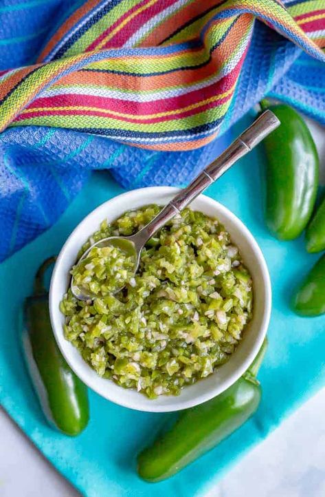 Fresh jalapeño relish is an easy, 10-minute, no-cook recipe for a slightly sweet, slightly spicy topping that’s delicious on burgers and hot dogs, tacos and nachos, rice bowls and even eggs! #jalapenos #relish #easyrecipe Jalapeno Relish Recipe, Jalapeno Hot Sauce Recipe, Burgers And Hot Dogs, Jalapeno Relish, Relish Sauce, Relish Recipe, Football Parties, Canning Ideas, Canning Vegetables