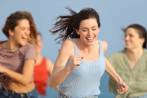 Front view of happy friends running on summer on the beach People Running Reference, Running Front View Reference, Running Front View, Running Drawing, Summer On The Beach, People Running, Happy Friends, Run Happy, Reference Poses