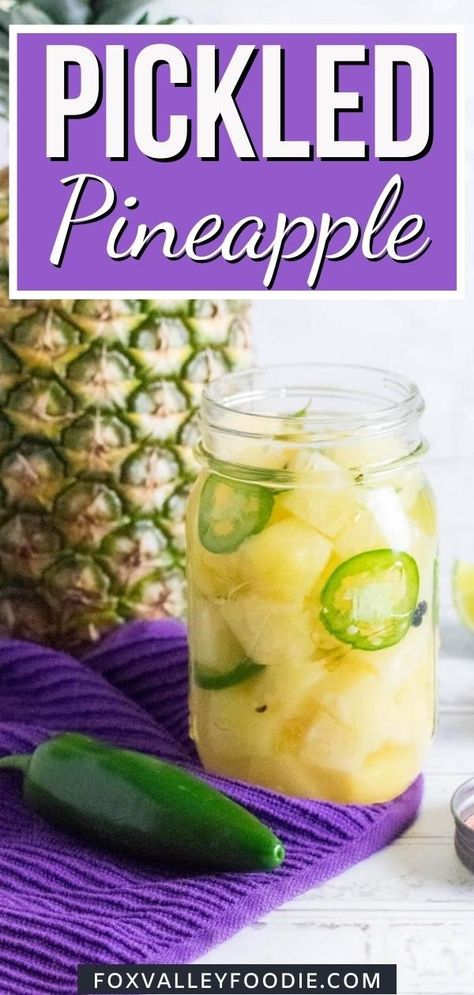 The exciting flavor of pickled pineapple is sure to wake up your taste buds! Each juicy bite is sweet, and tangy, with a subtle kick. Whether you're craving a new fresh snack or the most exciting condiment you ever dressed up a taco with, this pickled pineapple recipe is a must-try! Spicy Pickled Pineapple, Pineapple Core Uses, Pickled Pineapple Recipe, Pineapple Canning Recipes, What To Do With Fresh Pineapple, Frog Balls Pickle Recipe, Pickled Frog Balls, Ball Pickle Recipe, Candied Pickles Recipe