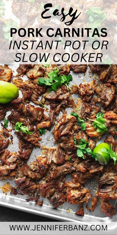 This Carnitas Recipe is amazingly juicy braised pork shoulder that has been cooked until it is fall apart tender, and shredded with delicious spices. Serve as a filing for tacos, burritos, or as a taco salad! I give instructions for the Instant Pot Carnitas, slow cooker Carnitas, and oven. Instant Pot Pork Carnitas, Instant Pot Carnitas, Pork Stew Meat, Pork Carnitas Recipe, Pork Shoulder Recipes, Carnitas Recipe, Pork Roast Recipes, Pork Stew, Paleo Crockpot