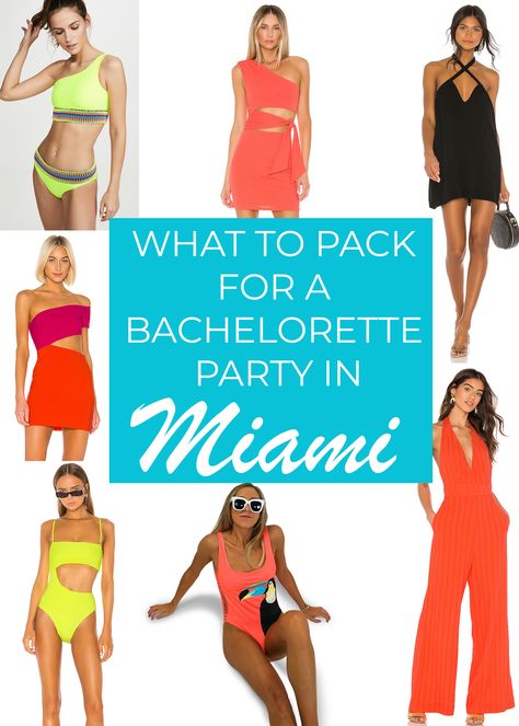 The ultimate Miami outfits for a girls weekend or bachelorette party! The cutest poolside swimwear and going out dresses & jumpsuits for that Miami heat! Miami Outfits Bachelorette Party, Miami Outfits Bachelorette, Bachelorette Miami Ideas, Florida Bachelorette Party Outfits, Miami Theme Party Outfits, Weekend In Miami Outfits, Bright Color Bachelorette Party Outfits, Miami Bachelorette Outfits, Miami Vice Bachelorette Party