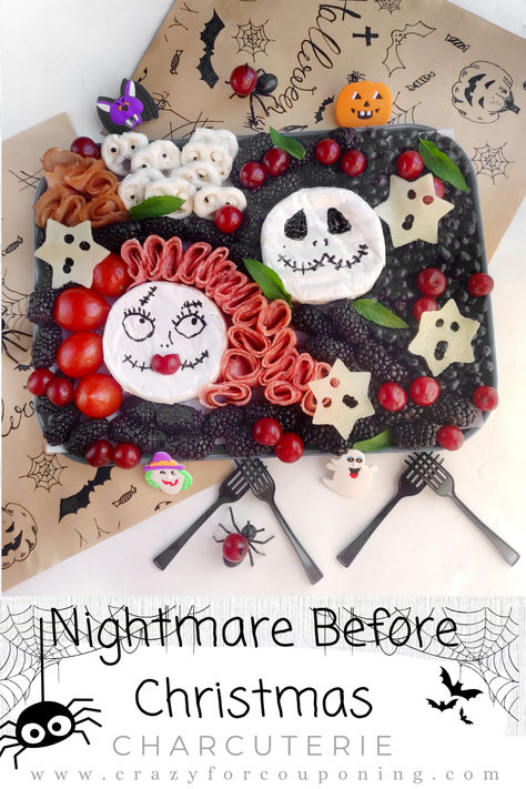 This charcuterie board is the stuff of nightmares...in a good way! It's perfect for Halloween or any spooky gathering. I've got all your favorite cheeses, meats, and snacks, all arranged in a festive Nightmare Before Christmas theme. So grab your friends, get your costumes on, and let's get spooky! Nightmare Before Christmas Themed Snacks, Nightmare Before Christmas Appetizers, Nightmare Before Christmas Charcuterie, Nightmare Before Christmas Themed Food, Nightmare Before Christmas Snacks, Nightmare Before Christmas Food Ideas, Nightmare Before Christmas Party Food, Nightmare Before Christmas Dinner, Nightmare Before Christmas Food