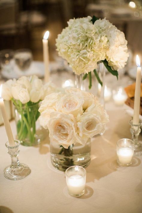 Gala Centerpieces, White Wedding Flowers Centerpieces, Lush Wedding, Indoor Wedding Receptions, Low Centerpieces, White Centerpiece, Candle Wedding Centerpieces, Rose Centerpieces, Wedding Floral Centerpieces