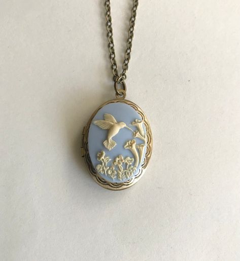 Hummingbird Cameo Locket Necklace Blue Cameo Bird Necklace | Etsy