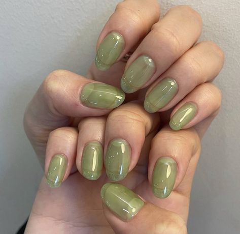 Green Nails Natural Nail, Olive Jelly Nails, Jade Green Nails Short, Green Nails Jelly, Green Earthy Nails, Green Jelly Nails, Green Jelly Nail, Classy Nail Art Ideas, Green Jelly