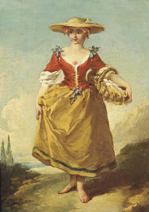 François Boucher (Paris 1703-1770) A peasant girl in a landscape carrying a basket of eggs. Property of Jean-Baptiste Lemoyne, sculptor and Rector of the Académie des Beaux-Arts (1704-1778). 12 ¾ x 9 1/8 in. 18th Century Peasant Dress, 18th Century Peasant, 1750s Fashion, Basket Of Eggs, Francois Boucher, 18th Century Paintings, 18th Century Costume, 18th Century Clothing, Georgian Era