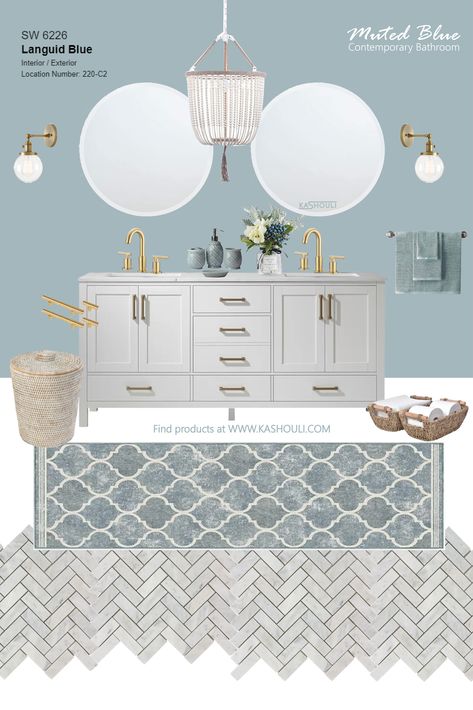 Soft Blue Bathroom Ideas, Blue White Grey Bathroom, White Bathroom Blue Accents, White And Light Blue Bathroom, Guest Bathroom Blue, Spa Blue Bathroom, Light Blue Bathroom Walls, Light Blue Vanity Bathroom, Light Blue And White Bathroom