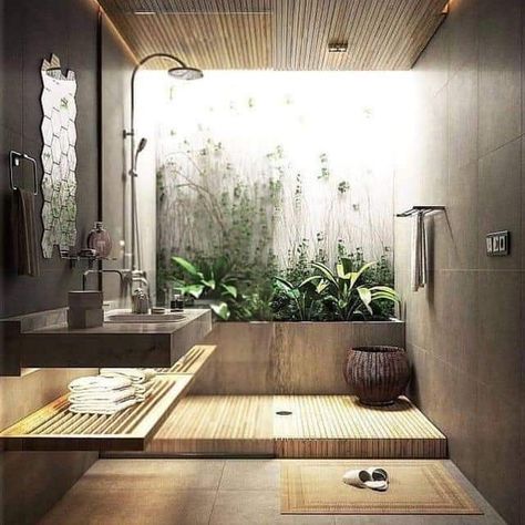 Nature Inspired Bathroom, Indoor Outdoor Bathroom, Instagram Bathroom, Natural Bathroom, House Bathrooms, Outdoor Bathrooms, Dream Bathrooms, House Bathroom, Luxury Bathroom