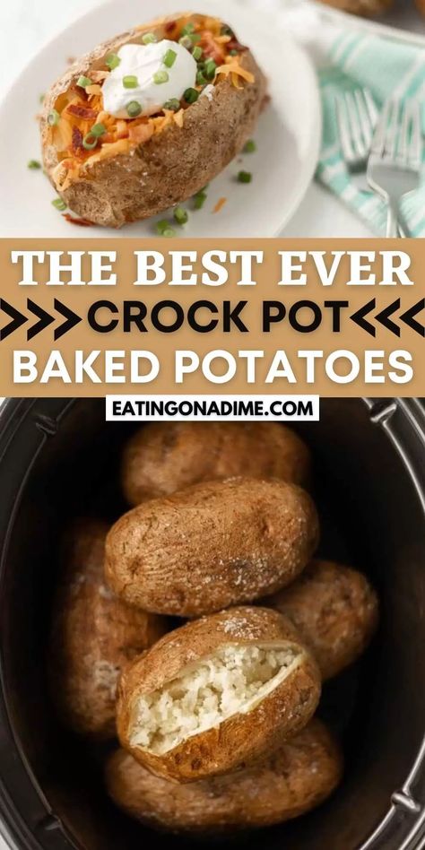 Try Crock pot baked potatoes for a simple meal. Baked potatoes in crock pot without foil can be thrown together quickly. Make baked potatoes in crock pot. #eatingonadime #crockpotrecipes #slowcookerrecipes #bakedpotatoes #sidedishrecipes #sidedishes Baked Potatoes In Crock Pot, Potatoes In Crock Pot, Bbq Baked Potatoes, Baked Red Potatoes, Russet Potato Recipes, Crock Pot Baked Potatoes, Cooking Baked Potatoes, Baked Potato Bar, Slow Cooker Baking