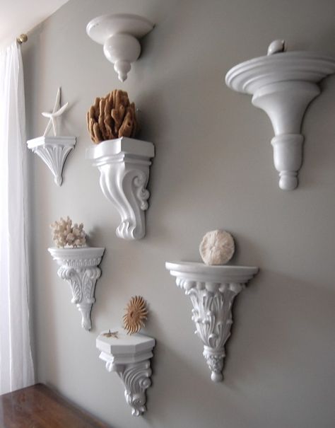 Possible DIY project - painted wall shelves. From: http://www.thenester.com/2011/04/inexpensive-wall-art.html Inexpensive Wall Art, Corbel Shelf, Creative Wall Decor, Metal Tree Wall Art, Metal Tree, Creative Wall, Cool Rooms, Nautical Decor, Diy Wall Art