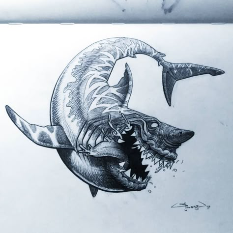 Deep Sea Creatures Art, Art On Black Paper, Hai Tattoo, Marine Tattoo, Sea Creatures Art, Mystical Tattoos, Shark Drawing, Aluminum Foil Art, Skateboard Art Design